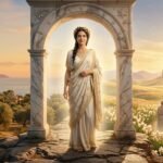 Macaria, the Greek goddess of blessed death, standing in white robes beneath a marble arch overlooking a radiant landscape.
