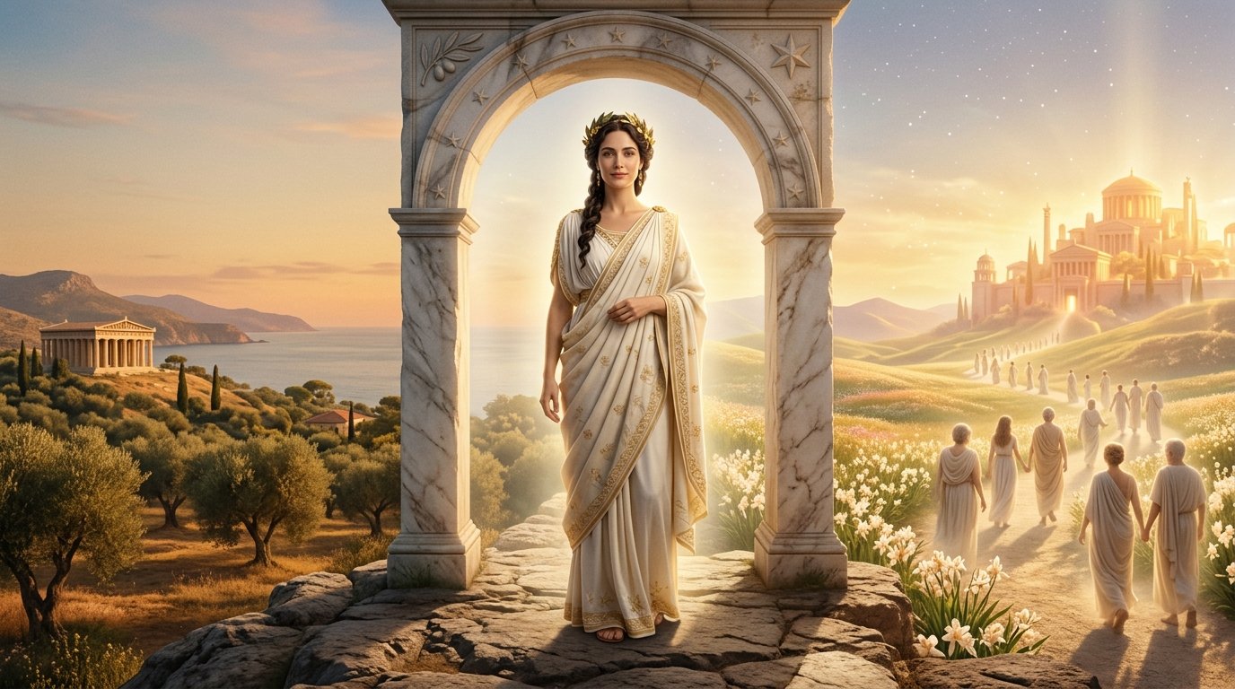 Macaria, the Greek goddess of blessed death, standing in white robes beneath a marble arch overlooking a radiant landscape.