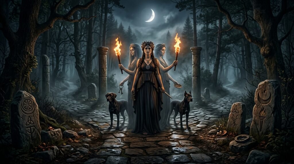 Hecate, the Greek goddess of magic and crossroads, shown with three faces, torches, and black dogs in a moonlit forest.