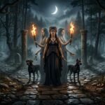 Hecate, the Greek goddess of magic and crossroads, shown with three faces, torches, and black dogs in a moonlit forest.