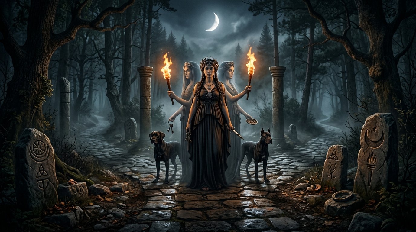 Hecate, the Greek goddess of magic and crossroads, shown with three faces, torches, and black dogs in a moonlit forest.