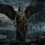 Thanatos, the Greek god who personifies death, standing with a sword in a dark underworld landscape.