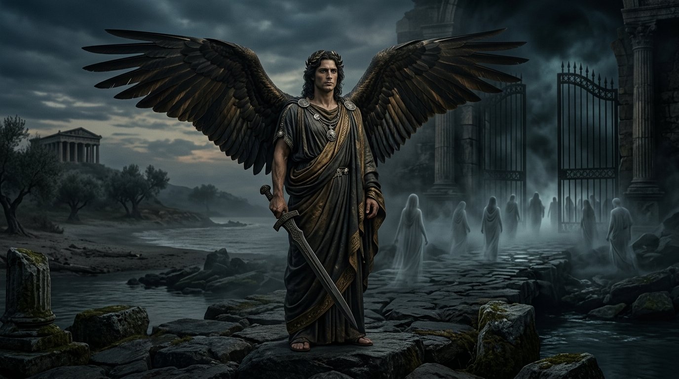 Thanatos, the Greek god who personifies death, standing with a sword in a dark underworld landscape.