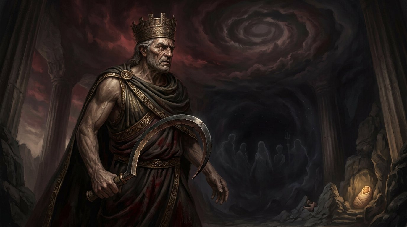 Cronus, the Titan king of Greek mythology, wielding a sickle