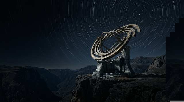 Coeus, the Titan of intellect, an ancient astronomical instrument beneath star trails