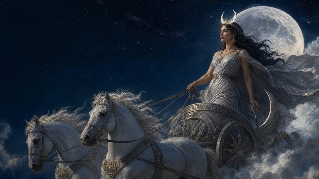 Selene, Greek Titan goddess of the Moon, riding a silver chariot beneath the full moon