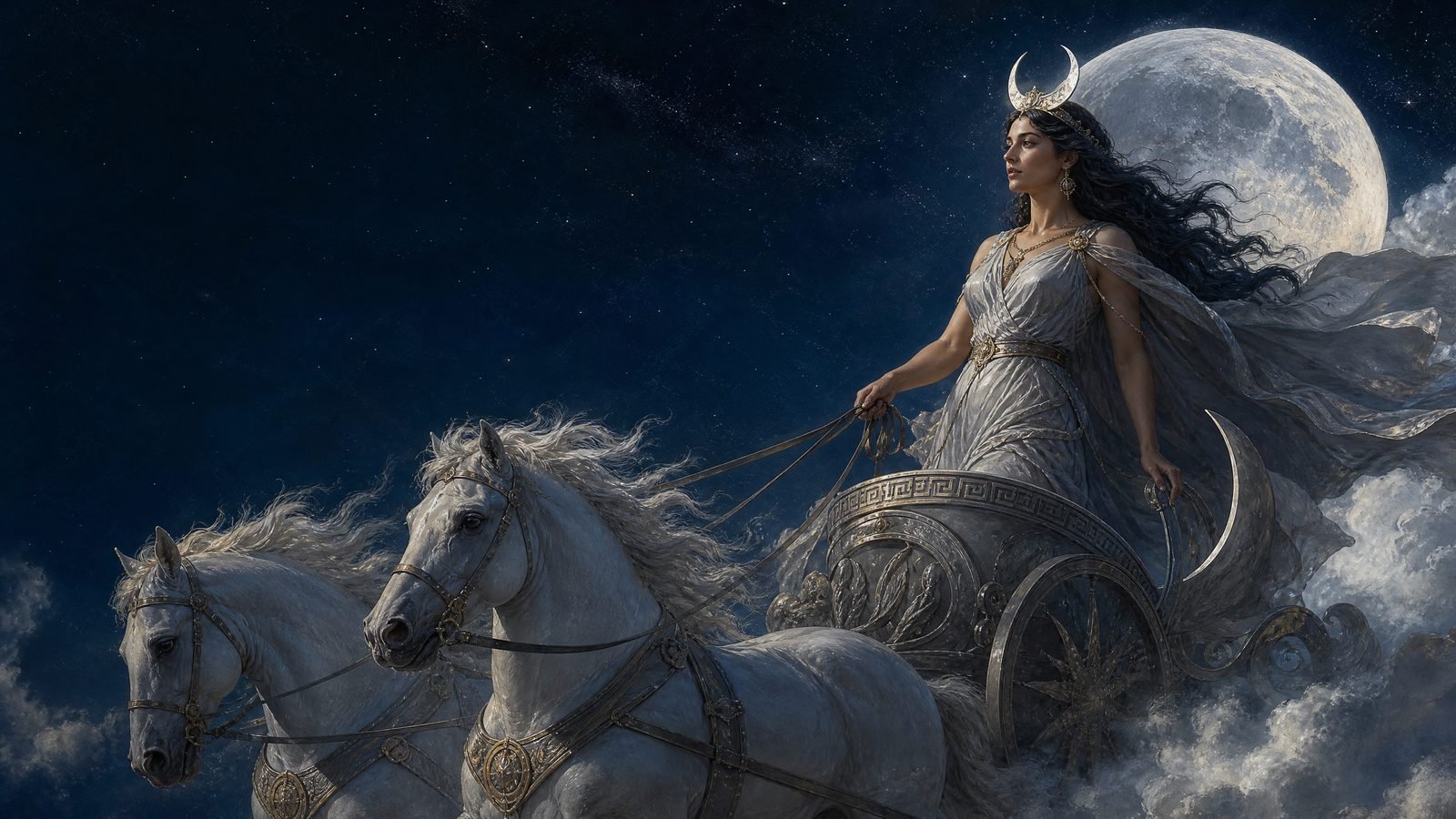 Selene, Greek Titan goddess of the Moon, riding a silver chariot beneath the full moon