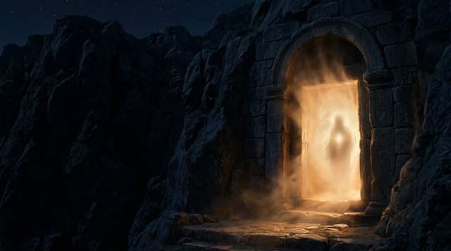 Phoebe, the Titaness who held the oracle at Delphi, a glowing mountain sanctuary entrance