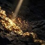 Theia, the Titan goddess of radiance, sparks of light striking raw gold ore