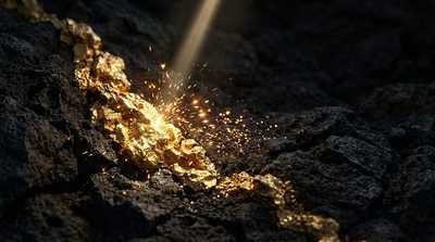 Theia, the Titan goddess of radiance, sparks of light striking raw gold ore