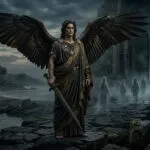 Thanatos, the Greek god who personifies death, standing with a sword in a dark underworld landscape.