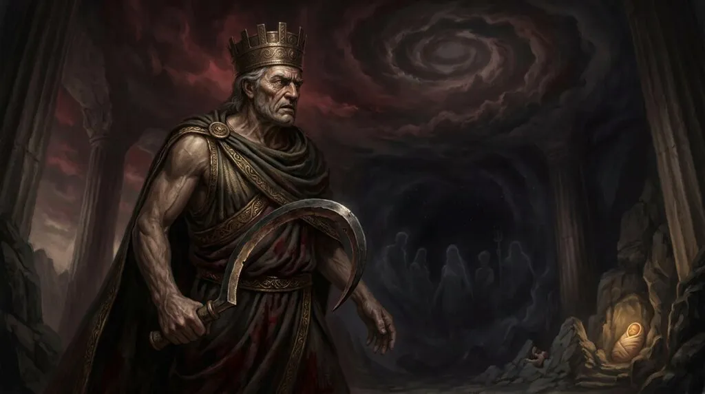 Cronus, the Titan king of Greek mythology, wielding a sickle